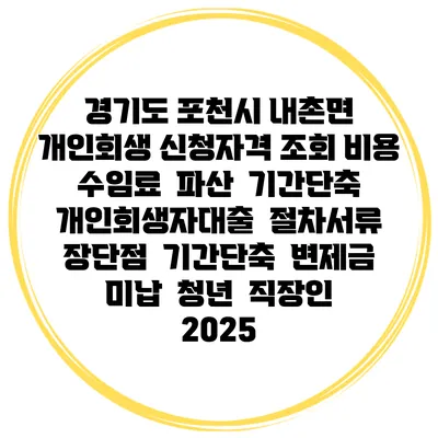 경기도 포천시 내촌면 개인회생 신청자격 조회 비용 수임료 | 파산 | 기간단축 | 개인회생자대출 | 절차서류 | 장단점 | 기간단축 | 변제금 미납 | 청년 | 직장인 2025