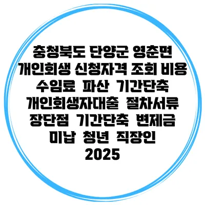 충청북도 단양군 영춘면 개인회생 신청자격 조회 비용 수임료 | 파산 | 기간단축 | 개인회생자대출 | 절차서류 | 장단점 | 기간단축 | 변제금 미납 | 청년 | 직장인 2025